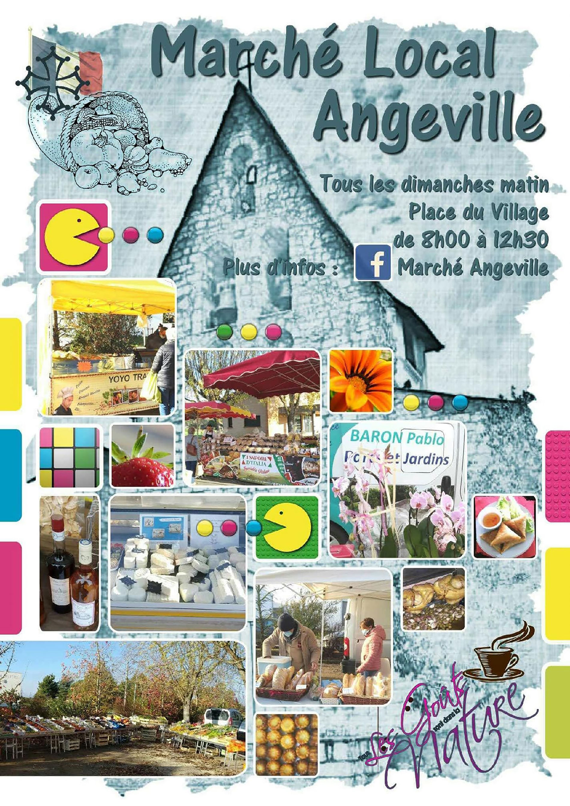 Affiche du Petit Marché d'Angeville avec quelques photos de stands